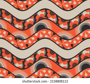 japanese style seamless pattern waves geometric in orange dark grey shades