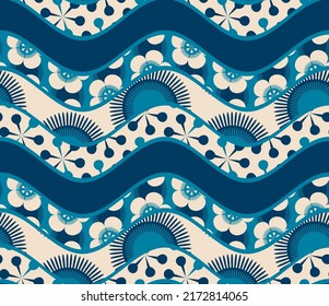 japanese style seamless pattern waves geometric in blue ivory shades