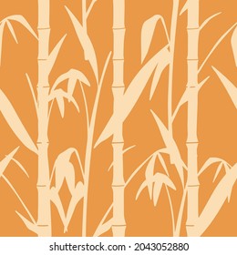 Patrón sin fisuras de estilo japonés con tallo de bambú joven y motivos florales. Vector sin fisuras de fondo de azulejos naranja y beige.