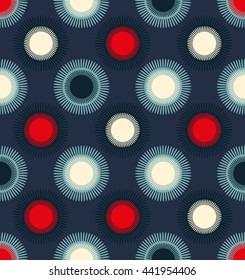 a  japanese style seamless tile with stylized spiky flowers or fireworks in dark blue, red and ivory