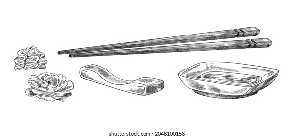 Japanese style setting for sushi from sticks, stand, ginger, gravy boat with soy sauce in sketch vector illustration isolated on white background. Oriental traditional restaurant