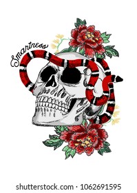 Japanese Style Skull And Snake In The Roses