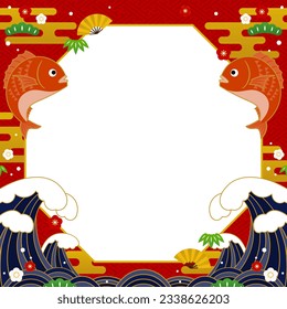 Japanese style square frame template with sea ​​breams and big wave