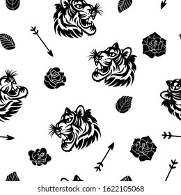 Japanese style tiger and rose seamless pattern.Tiger embroidery patch print.