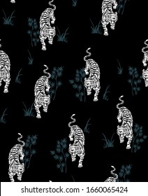 Japanese style tiger vector seamless pattern.