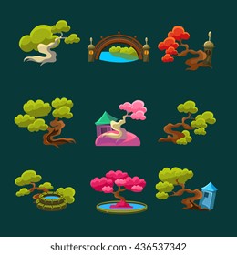 Japanese Style Trees Set Of Isolated Bright Color Simplified Traditional Style Vector Images On Dark Background