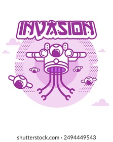 Japanese style T-Shirt design, alien robot sentinels drone invasion attack , purple tees space graphic cute robotic theme 