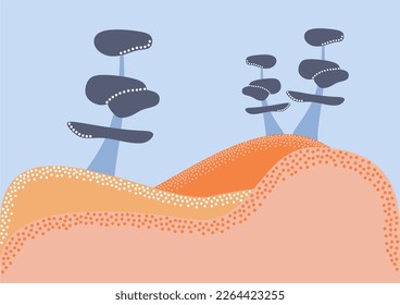 Japanese style vector background design with mountains and trees. Landscape. Blue, yellow, white, orange, beige colors. Abstract nature.
