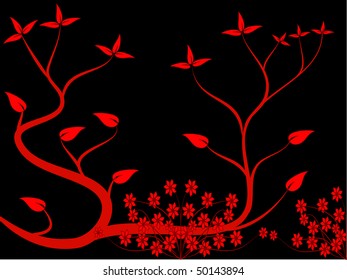 A japanese style vector floral  background illustration with a red stylised tree design on a black background