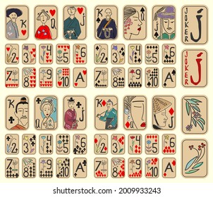 Japanese style vector Hand drawn set of playing cards. full deck with numbers, King, queen, jack, jokers.