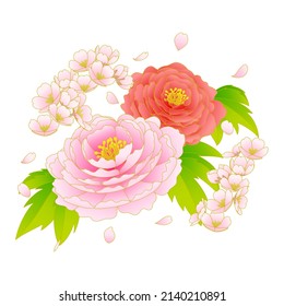 Ilustración vectorial de estilo japonés de flores de cerezo y peonía.
