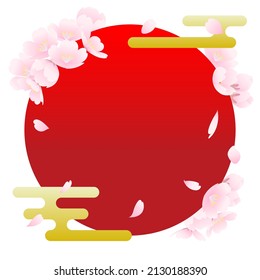Japanese style vector illustration of a flurry of cherry blossoms and rising sun.