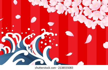Japanese style vector illustration of  a flurry of cherry blossoms and waves.