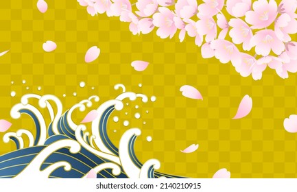 Japanese style vector illustration of  a flurry of cherry blossoms and waves.