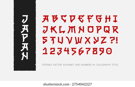 Japanese style vector type font and numbers. English Typography japan style font in hierogliph calligraphy style. Editable vector template