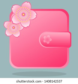 Japanese Style Vector Wallet Icon with Cherry Blossom Decoration in Blue Background