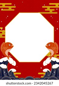 Plantilla de cuadro vertical de estilo japonés con mar・bream y ola grande