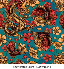 Japanese style vintage colorful seamless pattern with fantasy dragons koi carps blooming flowers and petals vector illustration