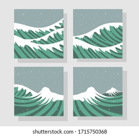 Japanese style wave illustrations. Abstract Geometric templates. Ocean background in Japanese style. Abstract water poster design. Abstract arts. Sea background.