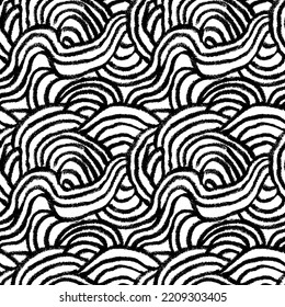 Olas de estilo japonés sin inconvenientes. Ornamento vectorial dibujado a mano con líneas de negrita curvadas. Carbón o dibujo a lápiz. Textura geométrica repite en blanco y negro. Ilustración vectorial con olas marinas.