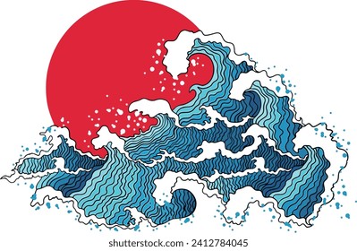 japanese style waves sunrise vector line texture