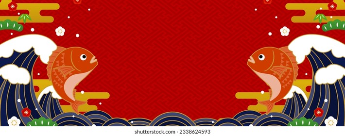 Japanese style wide background with sea ​​breams and big wave