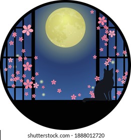 Japanese style window and cat and cherry blossom illustration