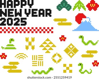 Japanese style Year of the Snake New Year pixel art illustration set