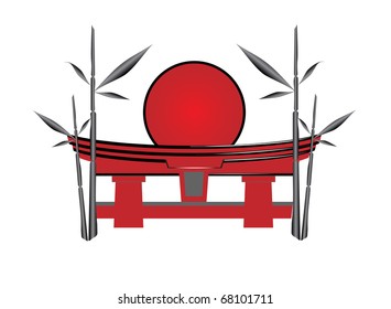 Japanese styled doors with black bamboo in the background of the rising sun