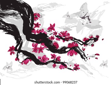 Japanese styled watercolor plum in bloom