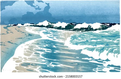 Japanese stylee Wood print stylized graphic illustration of a beach with waves coming crashing in