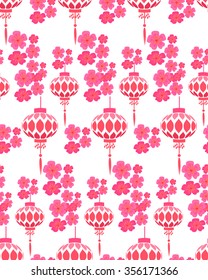 Japanese stylized pattern with fans, lanterns and flowers. Spring sakura blossom festival. It can be used for the wrapping paper or fabric.