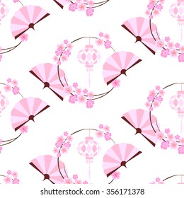 Japanese stylized pattern with fans, lanterns and flowers. Spring sakura blossom festival. Paper lanterns hanging on round Sakura branches.