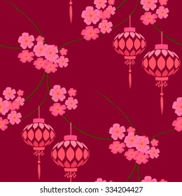 Patrón estilizado japonés con farolillos rosas y flores sakura. Linternas de papel colgando de ramas sakura.