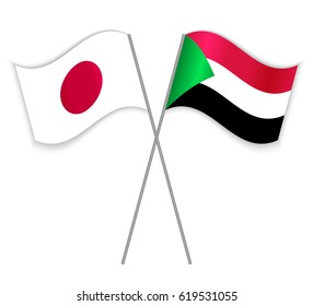 Japanese and Sudanese crossed flags. Japan combined with Sudan isolated on white. Language learning, international business or travel concept.