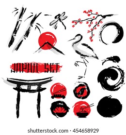 Japanese sumie ink wash black with red accent brush painting pictograms composition ancient abstract art vector illustration  