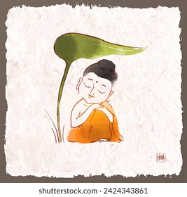 Japanese sumi-e inspired painting with little Buddha in meditation, sheltered beneath a large green leaf on vintage background. Translation of hieroglyph - zen