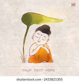 Japanese sumi-e inspired painting with little Buddha in meditation, sheltered beneath a large green leaf on vintage background. Translation of hieroglyph - zen.