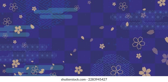 Japanese summer design. Background with beautiful dark blue and indigo colors. Gilded brush strokes with gold leaf.