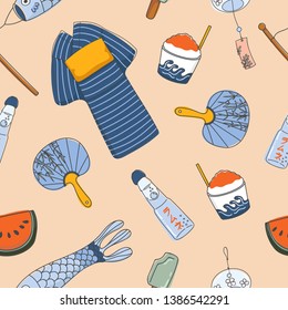 Japanese summer element seamless patterns. Vector illustration