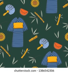 Japanese summer element seamless patterns. Vector illustration