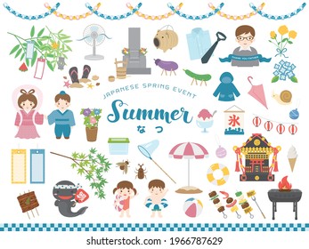 Japanese summer event vector illustration set.  It says in Japanese that "summer" "eel" "ice".