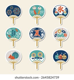Conjunto de adesivos de fãs de verão japonês. Tradução: festival, gelo