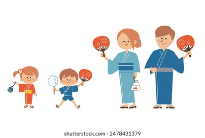 Japanese summer festival Bon Odori dance Illustration of a family standing smiling wearing yukata