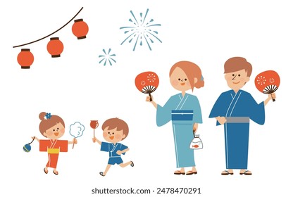 Japanese summer festival Bon Odori Illustration of a family standing with smiles wearing yukata