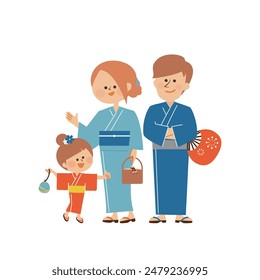 Japanese summer festival Bon Odori Illustration of a family standing with a smile wearing a yukata