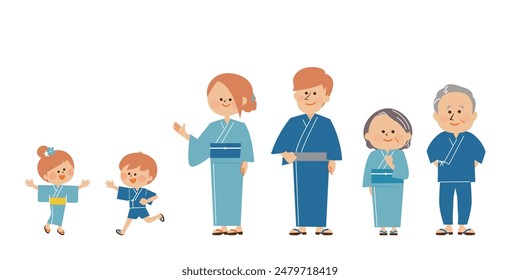 Japanese summer festival Bon Odori Illustration of three generations of family wearing yukata