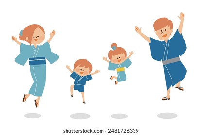 Japanese summer festival Bon Odori Illustration of a family jumping in yukata