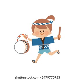 Japanese summer festival - illustration of a child holding a drum and wearing a happi coat