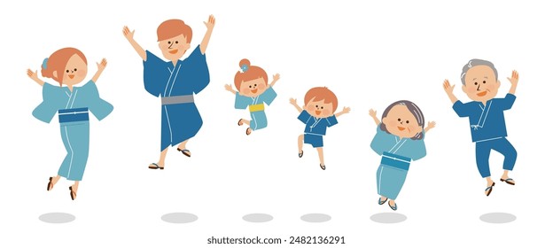 Festival de verano japonés Ilustración de una familia de tres generaciones saltando en yukata